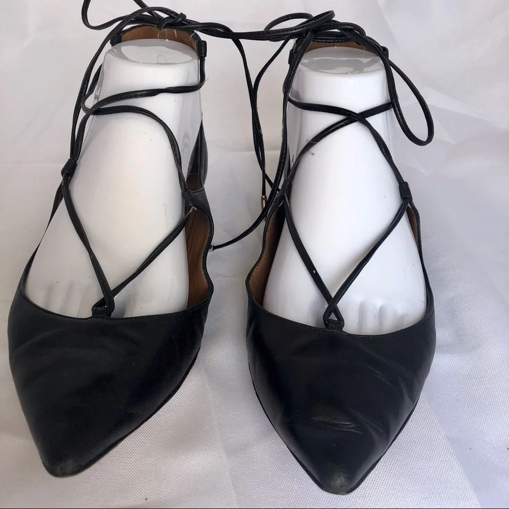 Aquazzura Christy Lace-Up Flats Black Leather 37.5